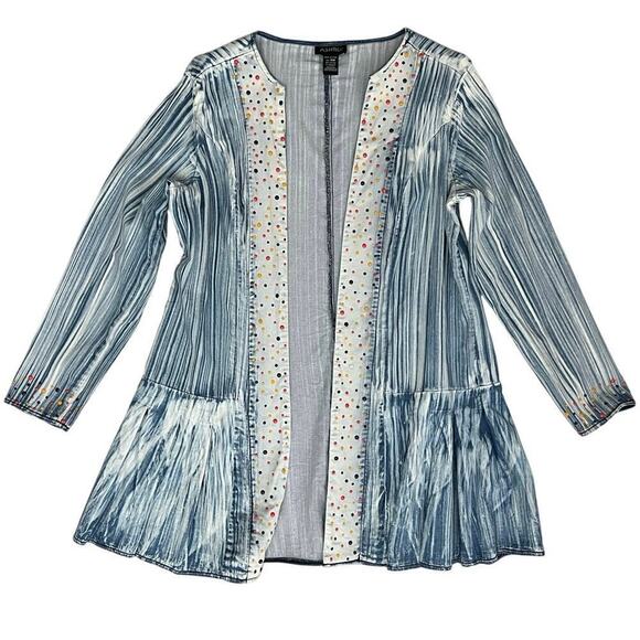 ASHRO Embellished 
Denim Open Front Jacket Women’s Sz 16W light blue polka dots - Picture 1 of 6